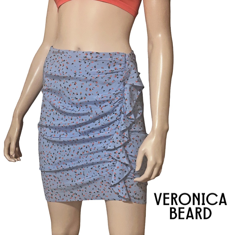 Veronica Beard Spencer Ruffled Skirt Floral Print Sky Blue Multi Mini Length